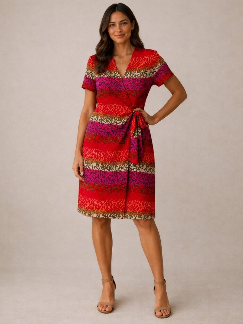 Papell 100% Silk Wrap Dress in Shades Of Red, Pink, Tan, & Brown, Size 4 Petite